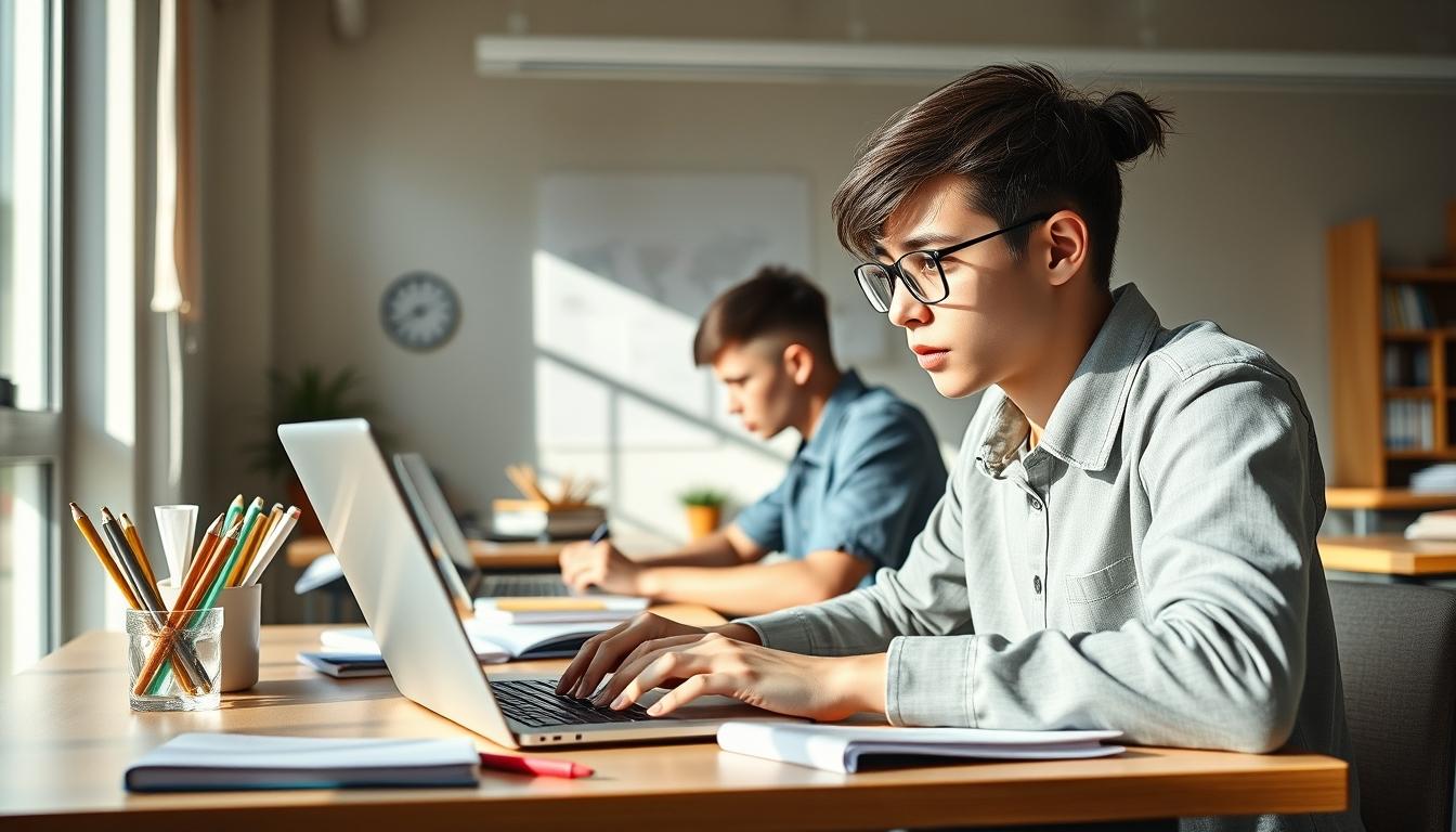 Student using a study guide to organize academic notes
